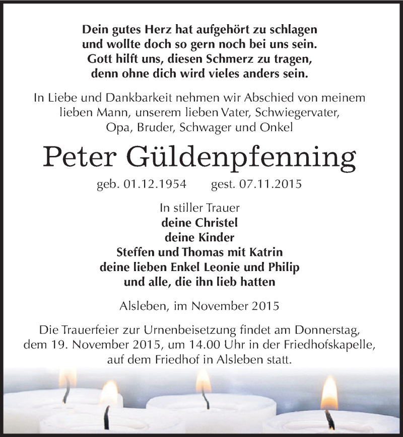  Traueranzeige für Peter Güldenpfenning vom 14.11.2015 aus Mitteldeutsche Zeitung Bernburg