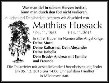Traueranzeige von Matthias Hussack von Mitteldeutsche Zeitung Dessau-Roßlau