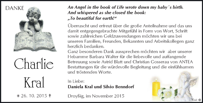  Traueranzeige für Charlie Kral vom 21.11.2015 aus Super Sonntag Zeitz