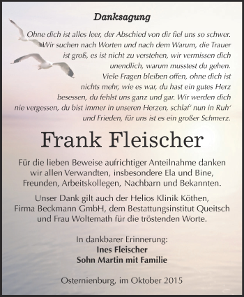 Traueranzeige von Frank Fleischer von WVG - Wochenspiegel Dessau / Köthen