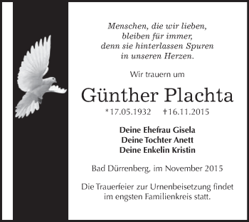 Traueranzeige von Günther Plachta von Super Sonntag Merseburg