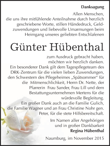 Traueranzeige von Günter Hübenthal von WVG - Wochenspiegel NMB / WSF / ZTZ