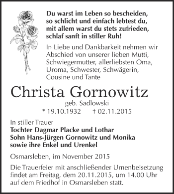 Traueranzeige von Christa Gornowitz von Super Sonntag Bernburg