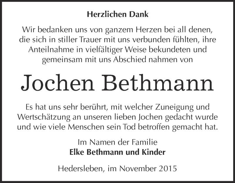  Traueranzeige für Jochen Bethmann vom 28.11.2015 aus WVG - Wochenspiegel Quedlinburg