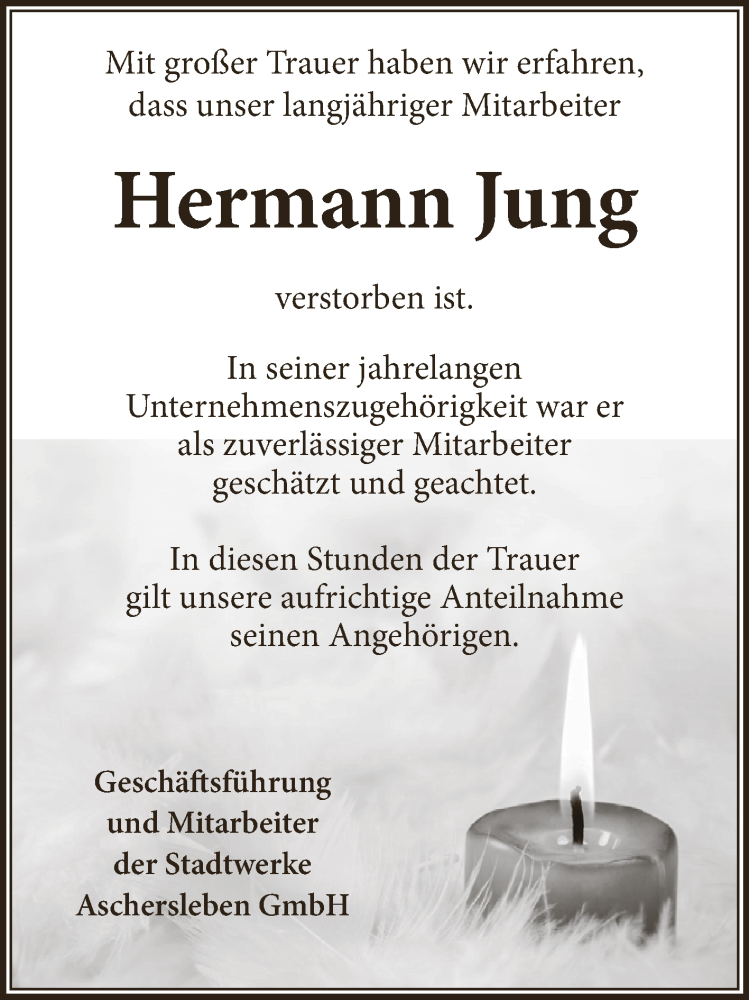  Traueranzeige für Hermann Jung vom 14.11.2015 aus Super Sonntag Aschersleben