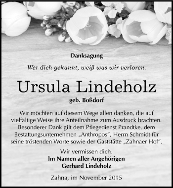 Traueranzeige von Ursula Lindeholz von Mitteldeutsche Zeitung Wittenberg