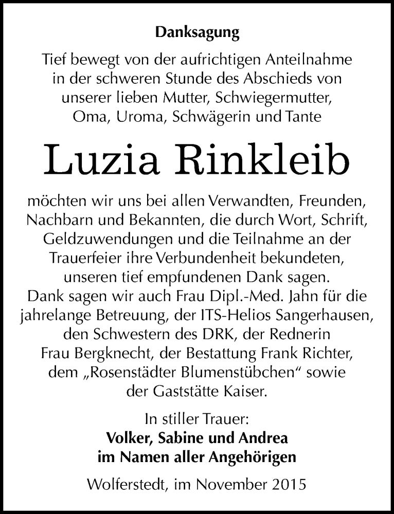  Traueranzeige für Luzia Rinkleib vom 14.11.2015 aus Mitteldeutsche Zeitung Sangerhausen