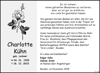 Traueranzeige von Charlotte Kühn von Super Sonntag Zeitz