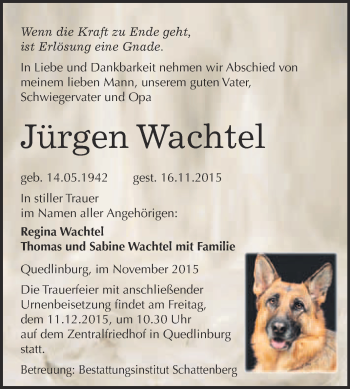 Traueranzeige von Jürgen Wachtel von Super Sonntag Quedlinburg