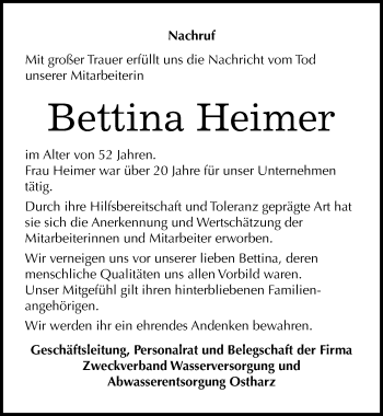 Traueranzeige von Bettina Heimer von Mitteldeutsche Zeitung Quedlinburg