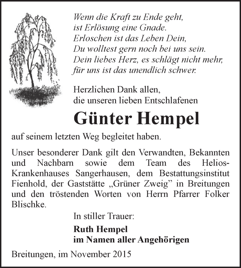  Traueranzeige für Günter Hempel vom 07.11.2015 aus Super Sonntag SGH Mansf. Land