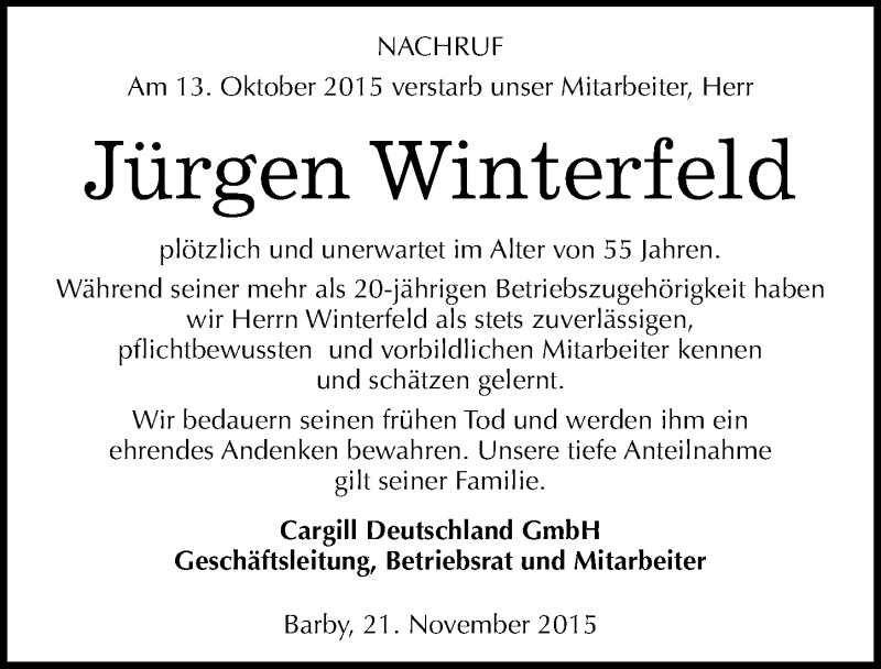  Traueranzeige für Jürgen Winterfeld vom 21.11.2015 aus Mitteldeutsche Zeitung Bitterfeld