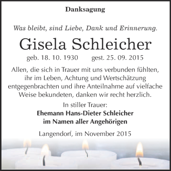 Traueranzeige von Gisela Schleicher von WVG - Wochenspiegel NMB / WSF / ZTZ
