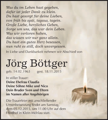 Traueranzeige von Jörg Böttger von WVG - Wochenspiegel Bitterfeld