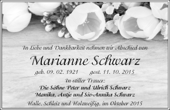 Traueranzeige von Marianne Schwarz von Mitteldeutsche Zeitung Bitterfeld