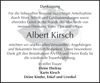 Traueranzeige von Albert Kirsch von WVG - Wochenspiegel Dessau / Köthen