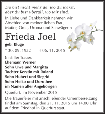 Traueranzeige von Frieda Joel von Mitteldeutsche Zeitung Merseburg/Querfurt
