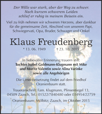 Traueranzeige von Klaus und Renate Freudenberg von WVG - Wochenspiegel Wittenberg