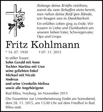 Traueranzeige von Fritz Kohlmann von Mitteldeutsche Zeitung Naumburg/Nebra