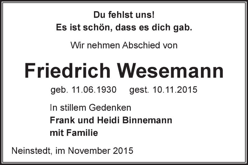  Traueranzeige für Friedrich Wesemann vom 28.11.2015 aus Super Sonntag Quedlinburg