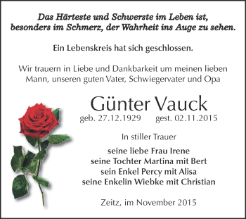 Traueranzeige von Günter Vauck von Super Sonntag Zeitz