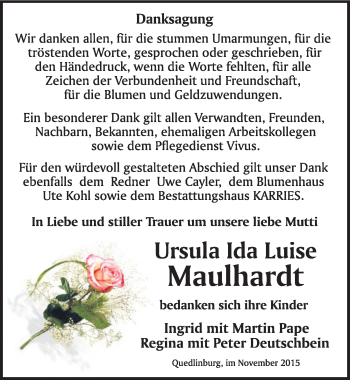 Traueranzeige von Ursula Ida Luise Maulhardt von Mitteldeutsche Zeitung Quedlinburg