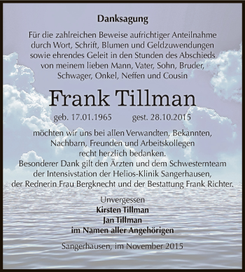 Traueranzeige von Frank Tillman von Super Sonntag SGH Mansf. Land