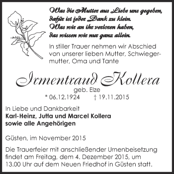 Traueranzeige von Irmentraud Kollera von Super Sonntag Bernburg