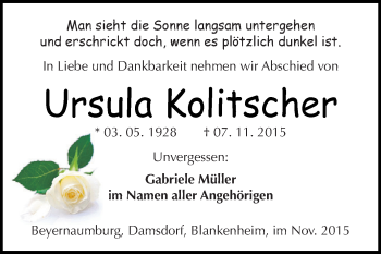 Traueranzeige von Ursula Kolitscher von Super Sonntag SGH Mansf. Land
