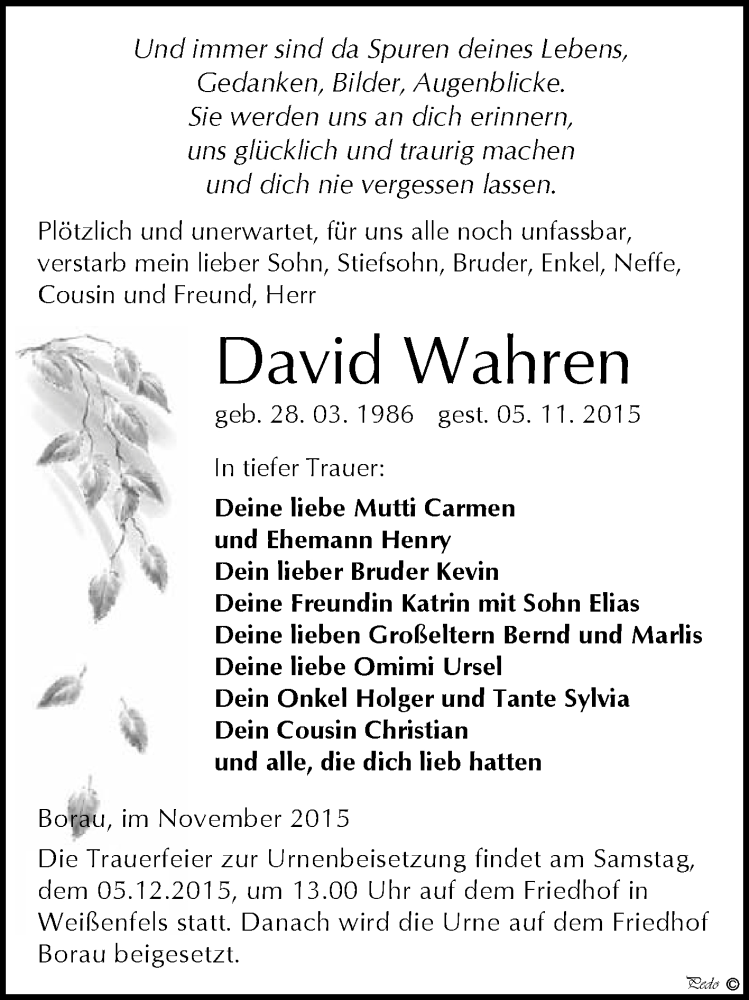  Traueranzeige für David Wahren vom 18.11.2015 aus WVG - Wochenspiegel NMB / WSF / ZTZ