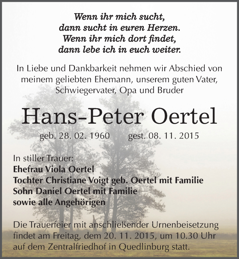  Traueranzeige für Hans-Peter Oertel vom 14.11.2015 aus Mitteldeutsche Zeitung Quedlinburg