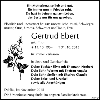 Traueranzeige von Gertrud Ebert von WVG - Wochenspiegel NMB / WSF / ZTZ