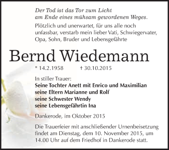 Traueranzeige von Bernd Wiedemann von WVG - Wochenspiegel Quedlinburg