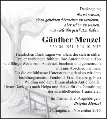 Traueranzeige von Günther Menzel von WVG - Wochenspiegel SGH