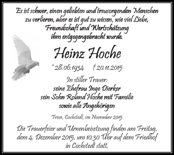 Traueranzeige von Heinz Hoche von Super Sonntag Aschersleben