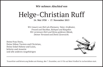 Traueranzeige von Helge-Christian Ruff von WVG - Wochenspiegel Quedlinburg
