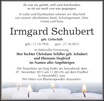 Traueranzeige von Irmgard Schubert von Mitteldeutsche Zeitung Mansfelder Land