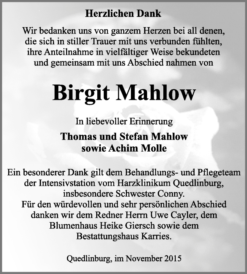  Traueranzeige für Birgit Mahlow vom 07.11.2015 aus WVG - Wochenspiegel Quedlinburg