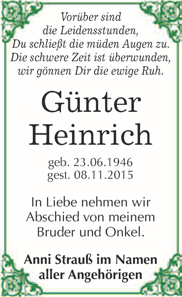  Traueranzeige für Günter Heinrich vom 14.11.2015 aus WVG - Wochenspiegel Merseburg