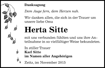 Traueranzeige von Herta Sitte von Mitteldeutsche Zeitung Zeitz