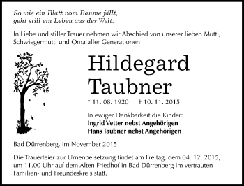 Traueranzeige von Hildegard Taubner von Mitteldeutsche Zeitung Merseburg/Querfurt