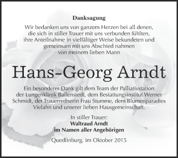 Traueranzeige von Hans-Georg Arndt von Super Sonntag Quedlinburg