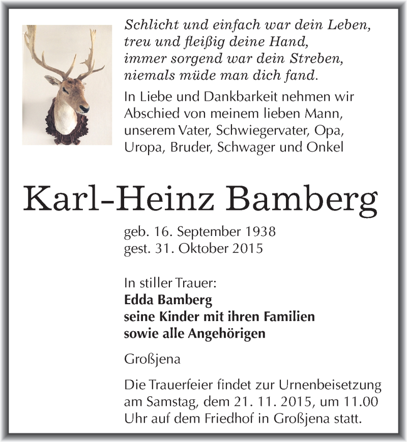  Traueranzeige für Karl-Heinz Bamberg vom 07.11.2015 aus Mitteldeutsche Zeitung Naumburg/Nebra