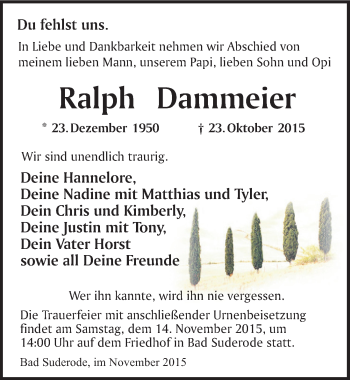 Traueranzeige von Ralph Dammeier von Mitteldeutsche Zeitung Quedlinburg