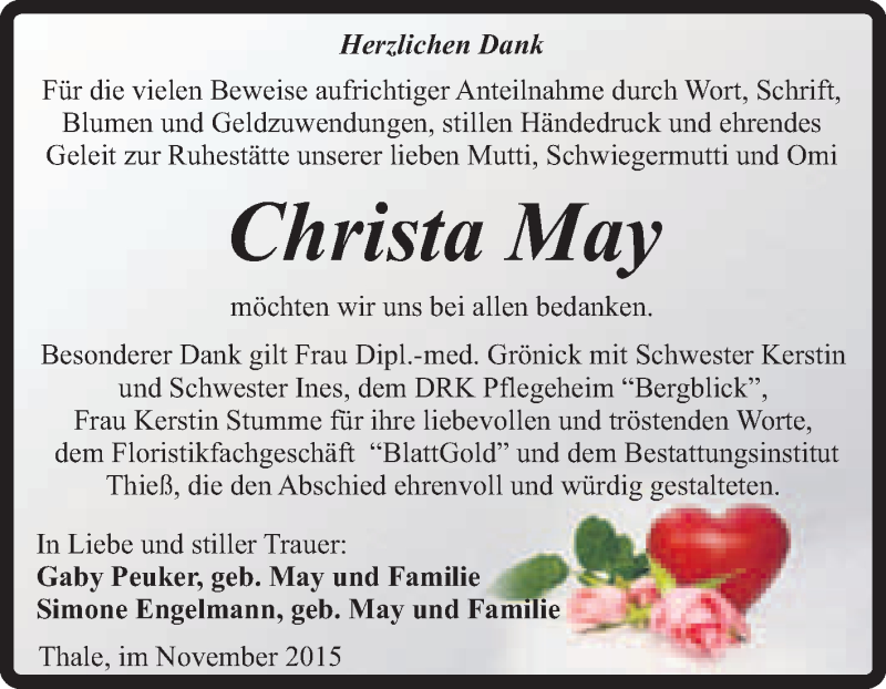  Traueranzeige für Christa May vom 21.11.2015 aus Super Sonntag Quedlinburg