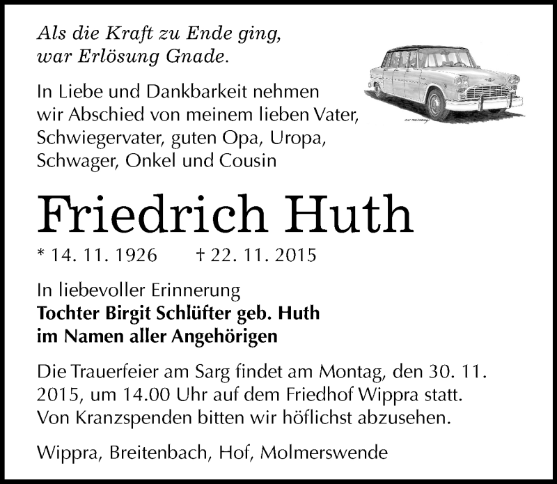  Traueranzeige für Friedrich Huth vom 24.11.2015 aus Mitteldeutsche Zeitung Mansfelder Land