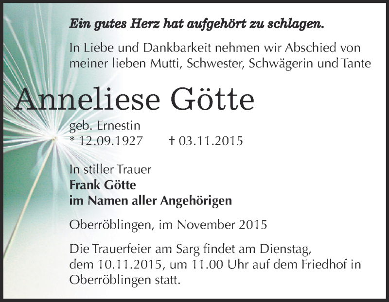  Traueranzeige für Anneliese Götte vom 07.11.2015 aus Super Sonntag SGH Mansf. Land
