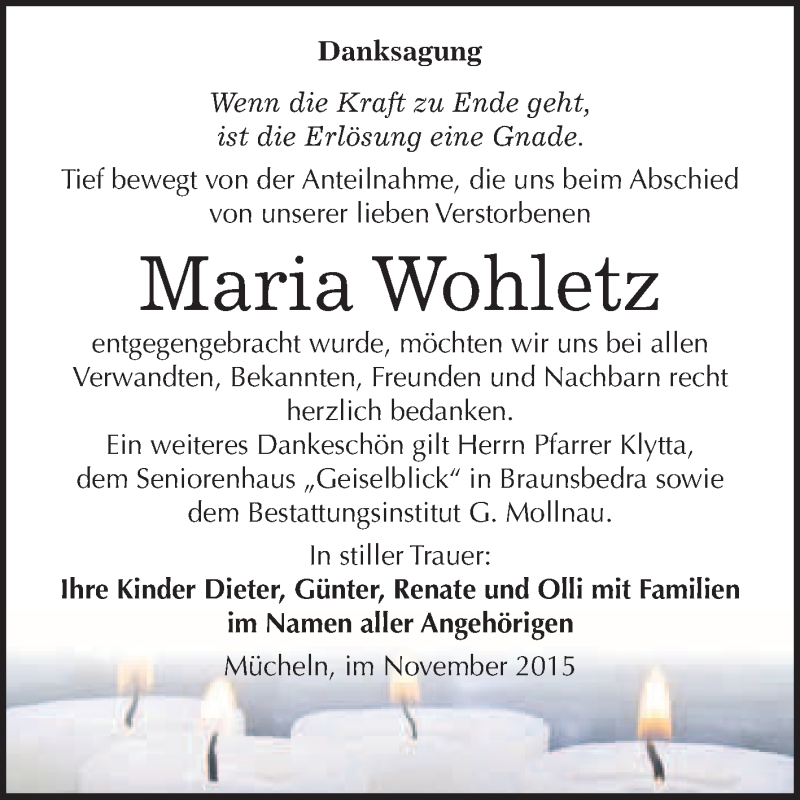  Traueranzeige für Maria Wohletz vom 28.11.2015 aus WVG - Wochenspiegel Merseburg