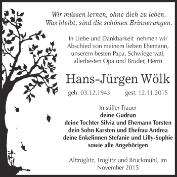 Traueranzeige von Hans-Jürgen Wölk von Super Sonntag Zeitz