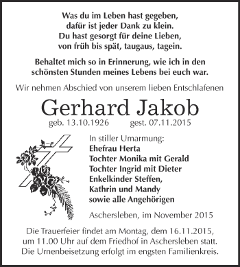 Traueranzeige von Gerhard Jakob von Super Sonntag Aschersleben